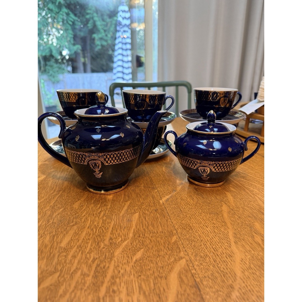 Vintage Lomonosov Porcelain Russia Cobalt/Gold 16-piece Tea Set MINT